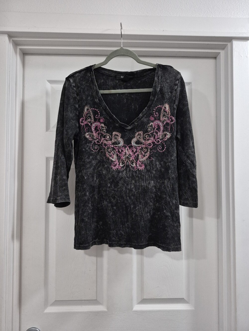 Style & Co. Washed Black V-Neck Top with Pink Embroidered Accents